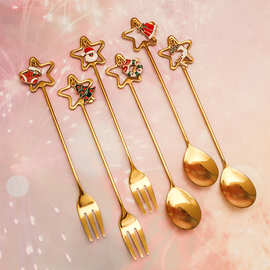 304不锈钢餐具创意可爱圣诞星星勺子水果叉咖啡甜品勺6件套装现货