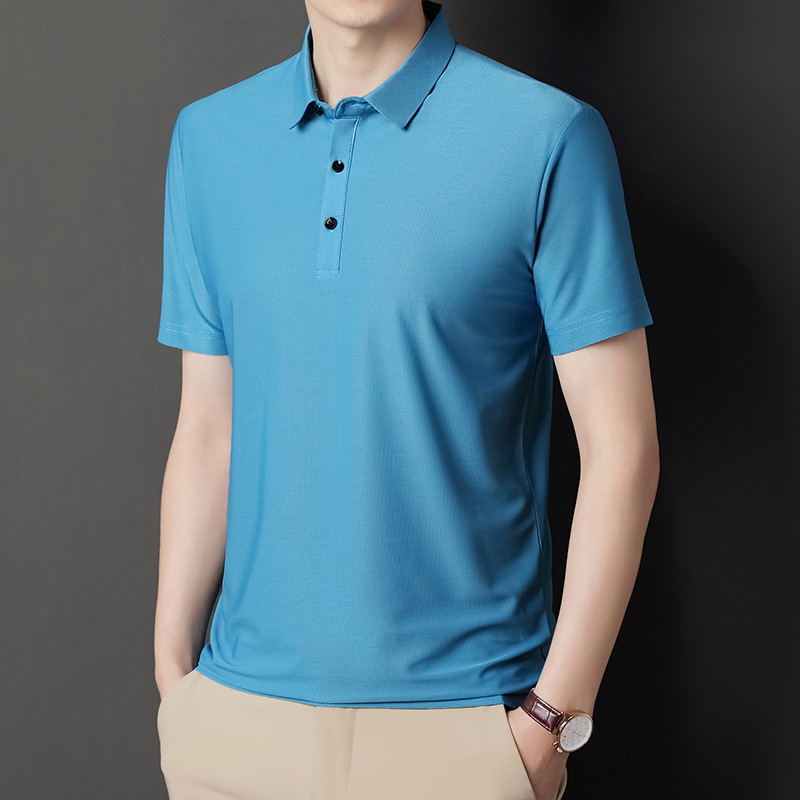 Men's Middle-aged Stretchy Pilling Summer Loose Short-sleeved Non-ironing Slim-fit Lapel Polo Shirt High Quality All-match Hugh
