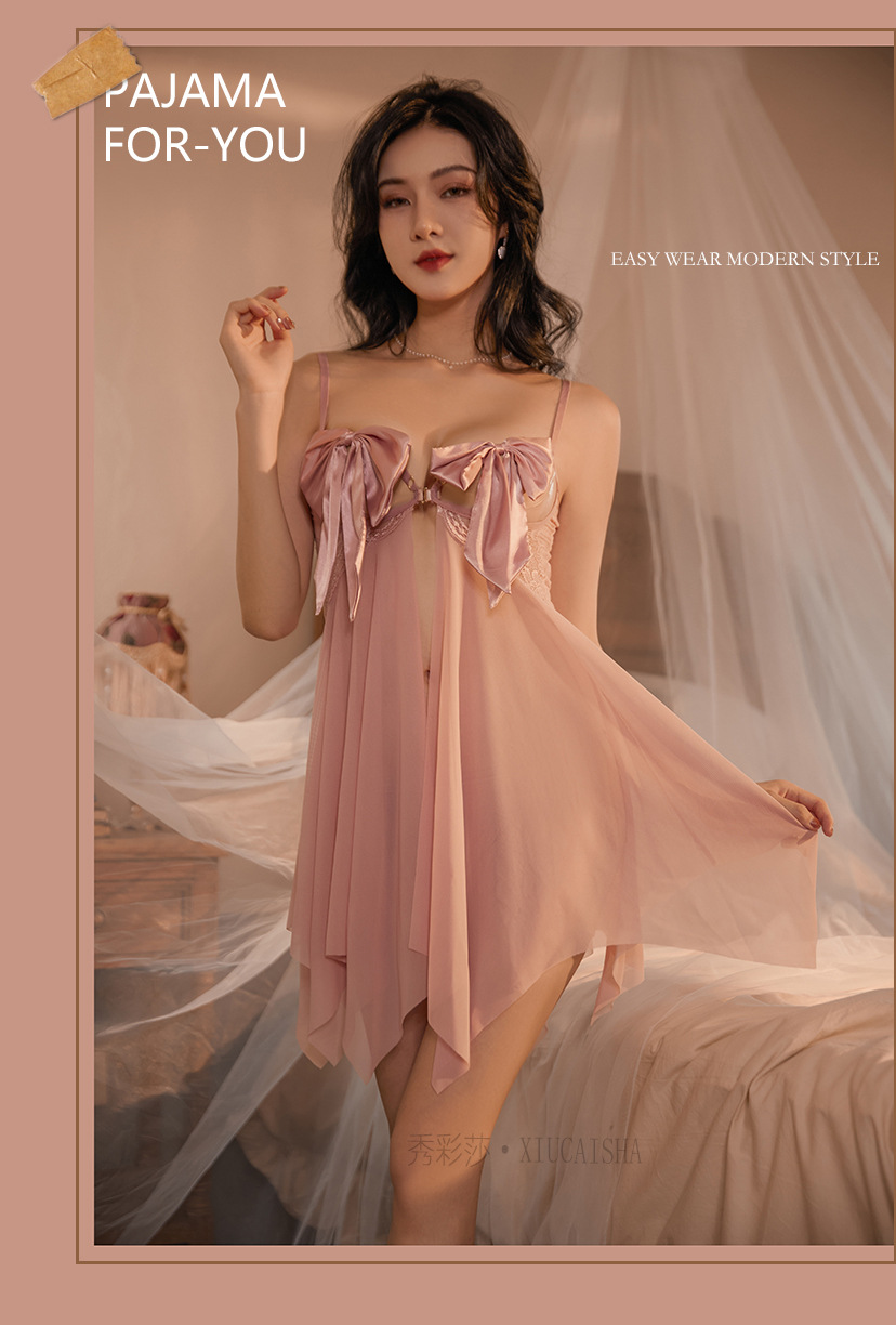 Pink Mesh Babydoll Nightdress Set with Robe and Halter Top, One Size — detail image 12