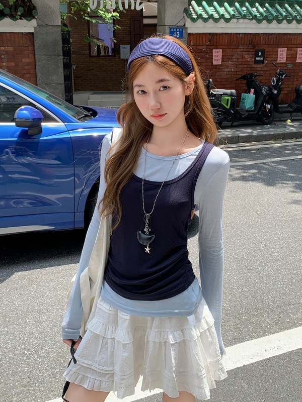 撞色长袖t恤女秋季外穿2025新款韩系叠穿吊带背心假两件修身上衣|undefined