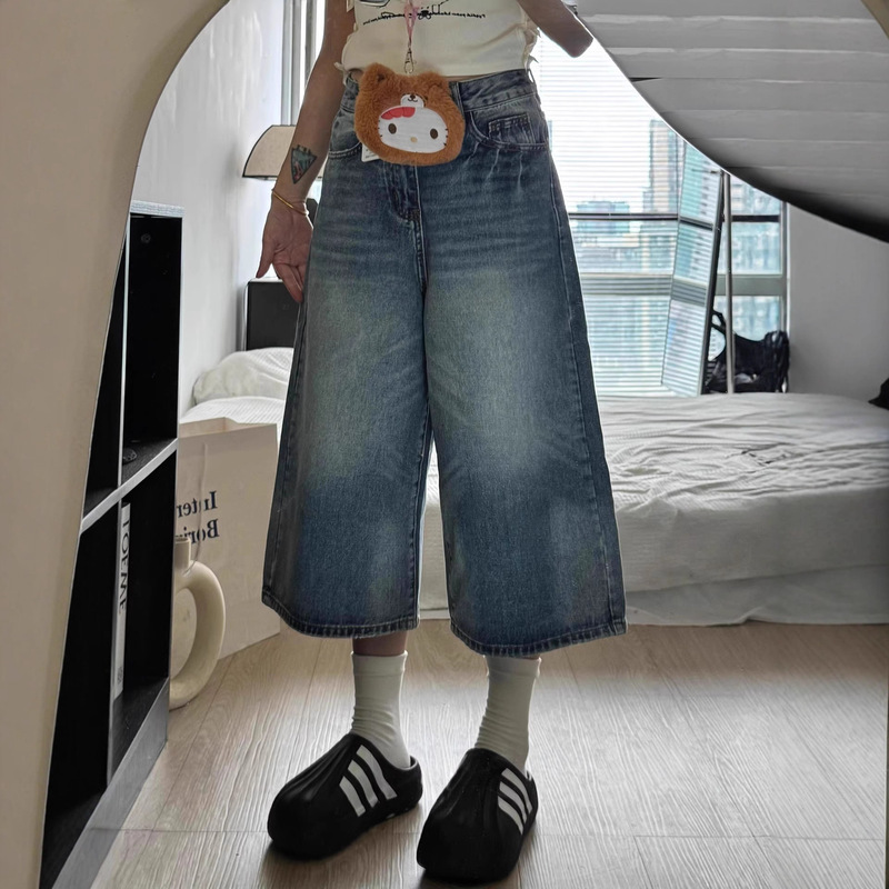 American-Style Washed Denim Cropped Shorts for Women, 2026 Summer Vintage High-Waisted Straight Wide-Leg Casual Loose Pants Trendy