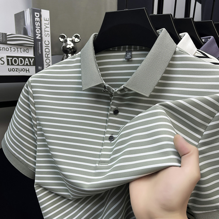 Nylon Ice Silk Polo Shirt Men's T-Shirt 2026 Summer New Style Striped Luxury Short-Sleeve Men's Top