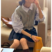 韩国chic气质百搭翻领泡泡袖条纹衬衫+麻花纹针织背心马甲两件套
