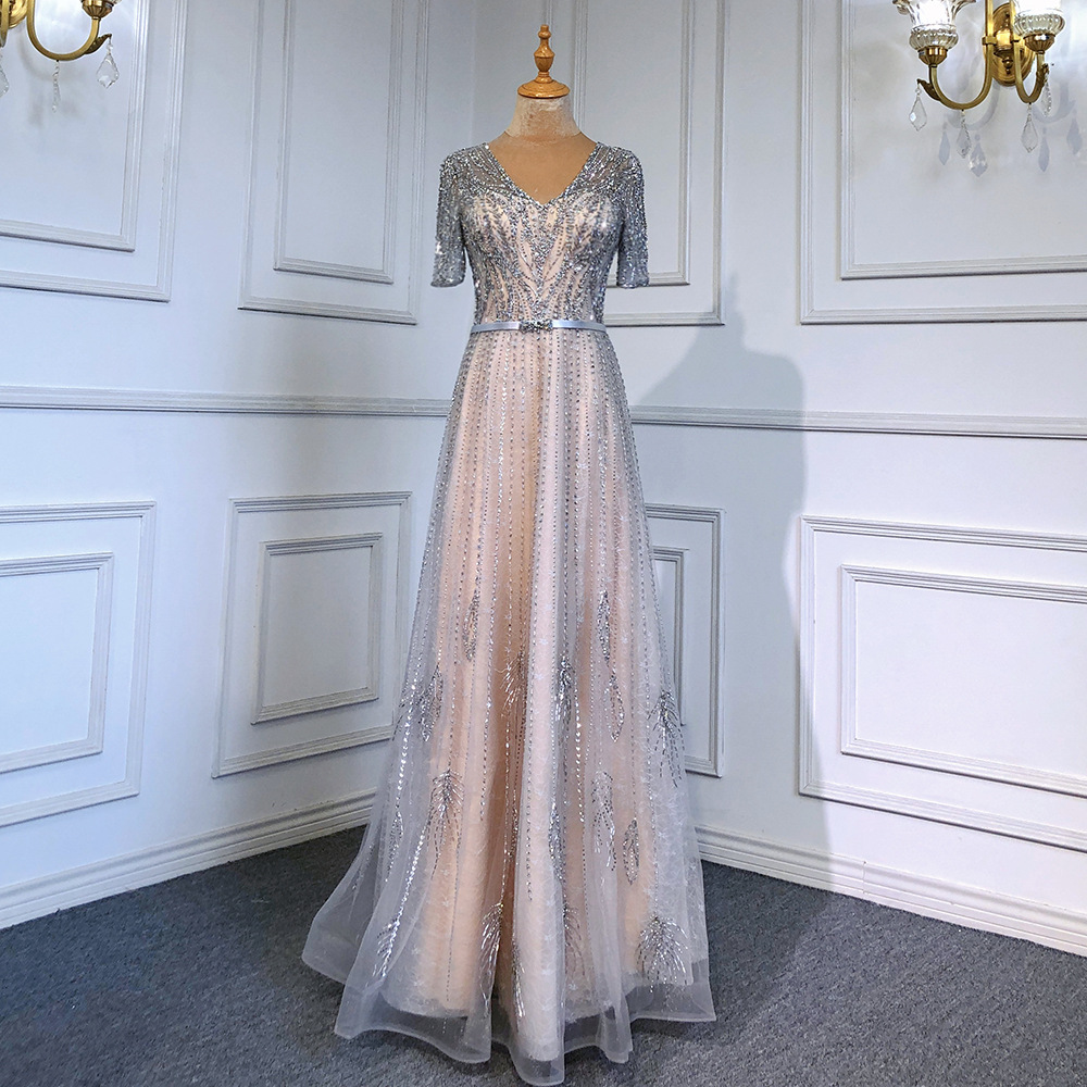New Gray Light Luxury Beaded High-end Luxury Niche Banquet Elegant Mother's Evening Dress Long Dress LA71602