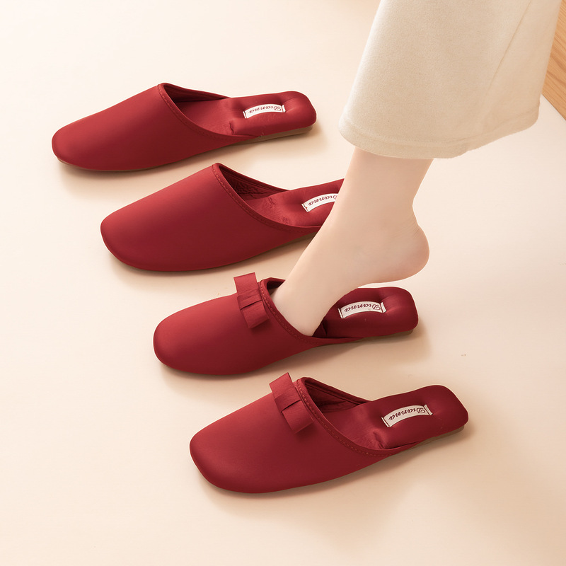 Couple Wedding Slippers, High-End Satin, Accessible Luxury, French Festive Wine Red Bride, Newlywed Dowry Slippers, Dressing Gown