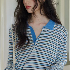 1313撞色polo翻领蓝白条套头羊毛针织衫2025女秋层次感宽松薄毛衣
