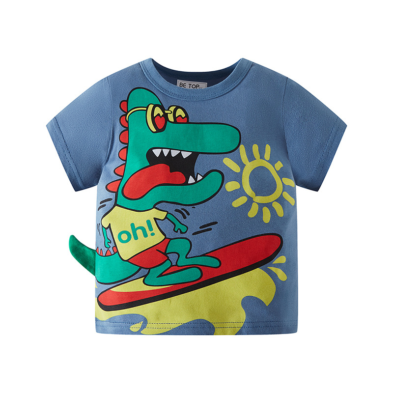 2025 nuevo estilo dinosaurio tridimensional dibujos animados para niños camiseta de manga corta niño bebé top de punto al por mayor de una pieza