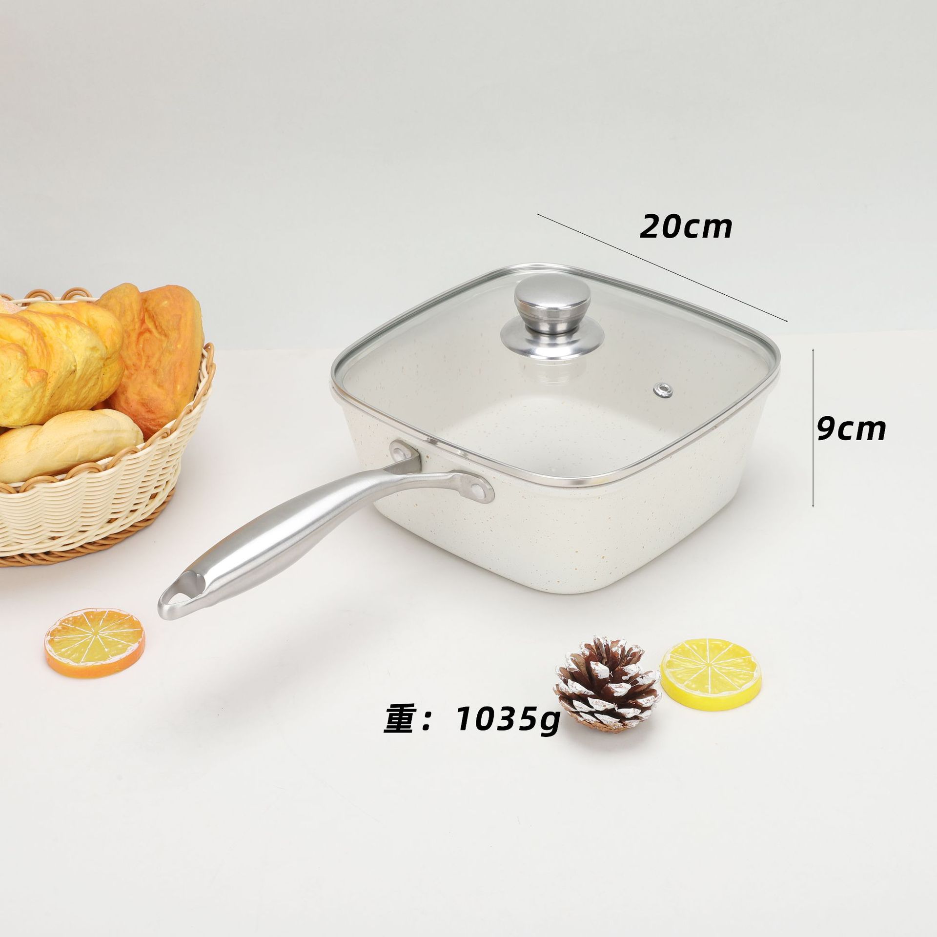 20CM 수프 냄비 손잡이 + 스테인레스 스틸 유리 뚜껑 - 베이지