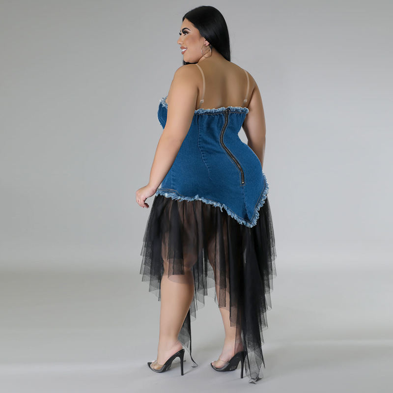 Damenbekleidung in Übergröße: Neckholder-Top, schulterfreies Denim-Patchwork-Kleid aus Mesh im eleganten Stil für formelle und legere Anlässe._voghion.com