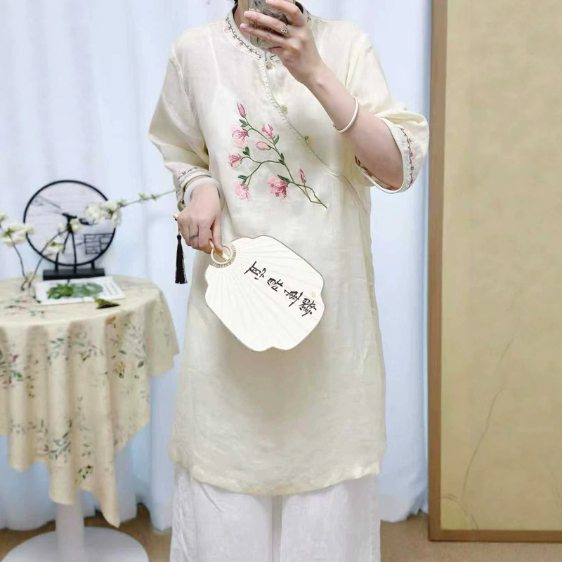 National Style Stand-Collar Embroidered Ramie Dress 2026 Summer Long T-Shirt Tea Dress Three-Quarter Sleeve Robe Loose Mid-Length Dress