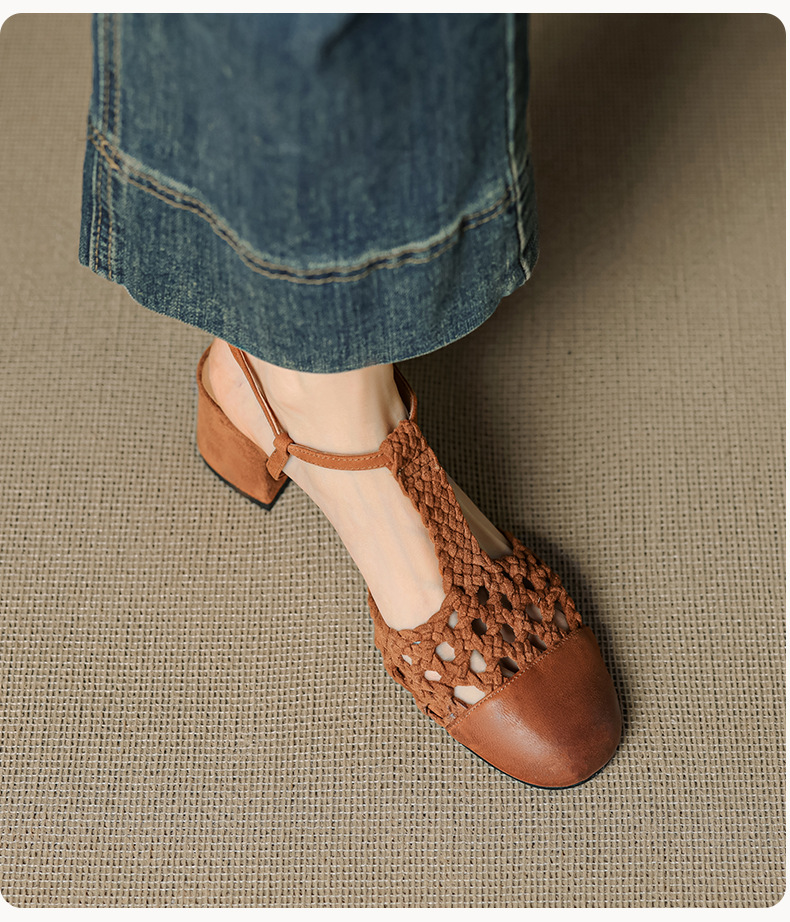 Sandal nữ quai ngang gót thô 5 cm, dây đan kiểu La Mã — màu nâu chi tiết 14