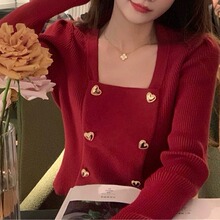 设计感红色打底毛衣内搭打底衫女2023早春新款上衣方领针织衫显瘦