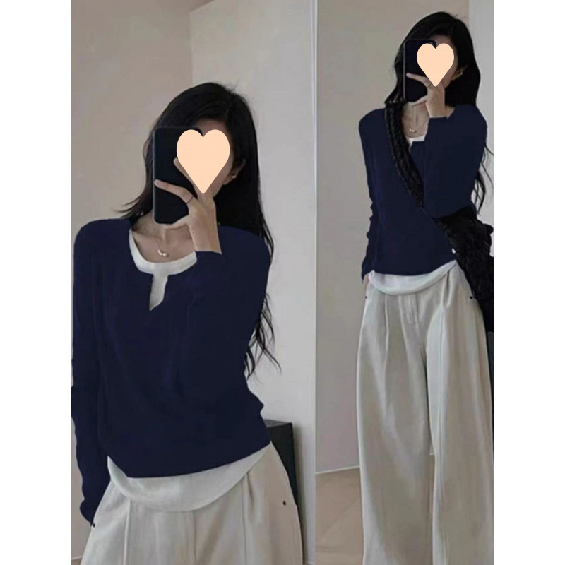 设计感不规则韩版黑色假两件领内搭打底衫春秋修身长袖上衣女|undefined