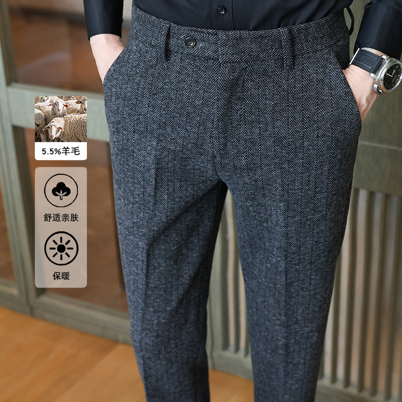 メンズダークストライプ保温スーツパンツ、スリムストレート、ドレープ感、カジュアルで万能、冬用ウール素材、高級ビジネスパンツ