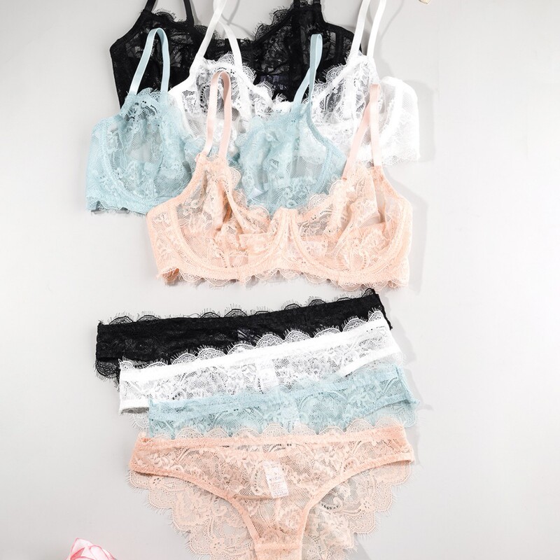 Lace Beautiful Back Sexy Lingerie Set Ultra-Thin Transparent Comfortable Breathable Bra Women's Mesh Semi-Transparent Lace Panties