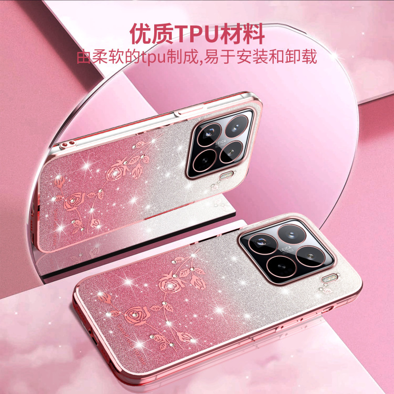 Xiaomi 15T、月季の花柄スマホケース、Redmi K80、ラインストーンメッキ、turbo4、グリッター保護ケース、Redmi A5に適用|undefined