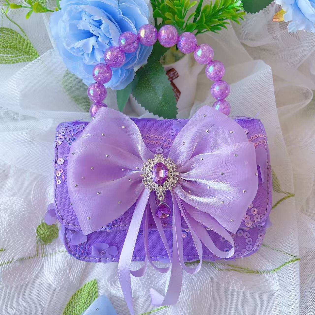 Bolso de lazo para niños Bolso de mensajero de flor de rosa de verano Bolso de princesa portátil de perlas para niñas Monedero de fragancia pequeña