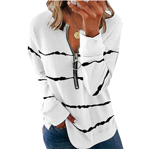 2024 Autumn/Winter Amazon Autumn Striped Zipper V-Neck Long-Sleeve Plus Size Loose Women's T-Shirt Hoodie Western Style