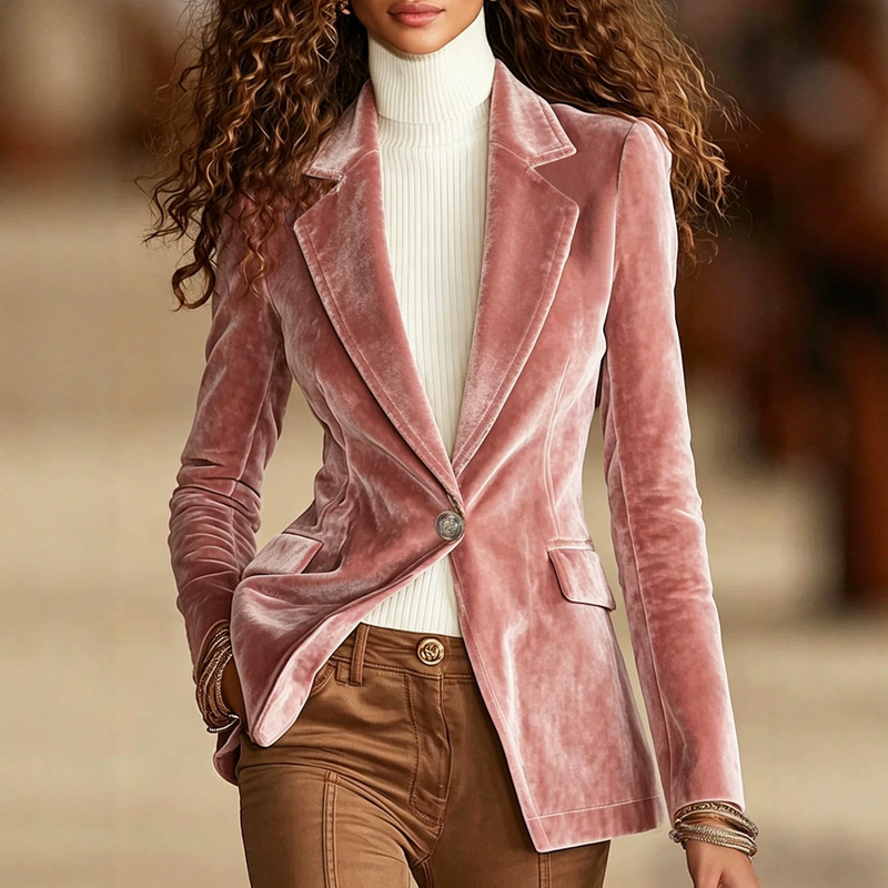 2026 European and American Amazon TEMU cross-border women's clothing lapel one-button sleeve pocket flap velvet blazer