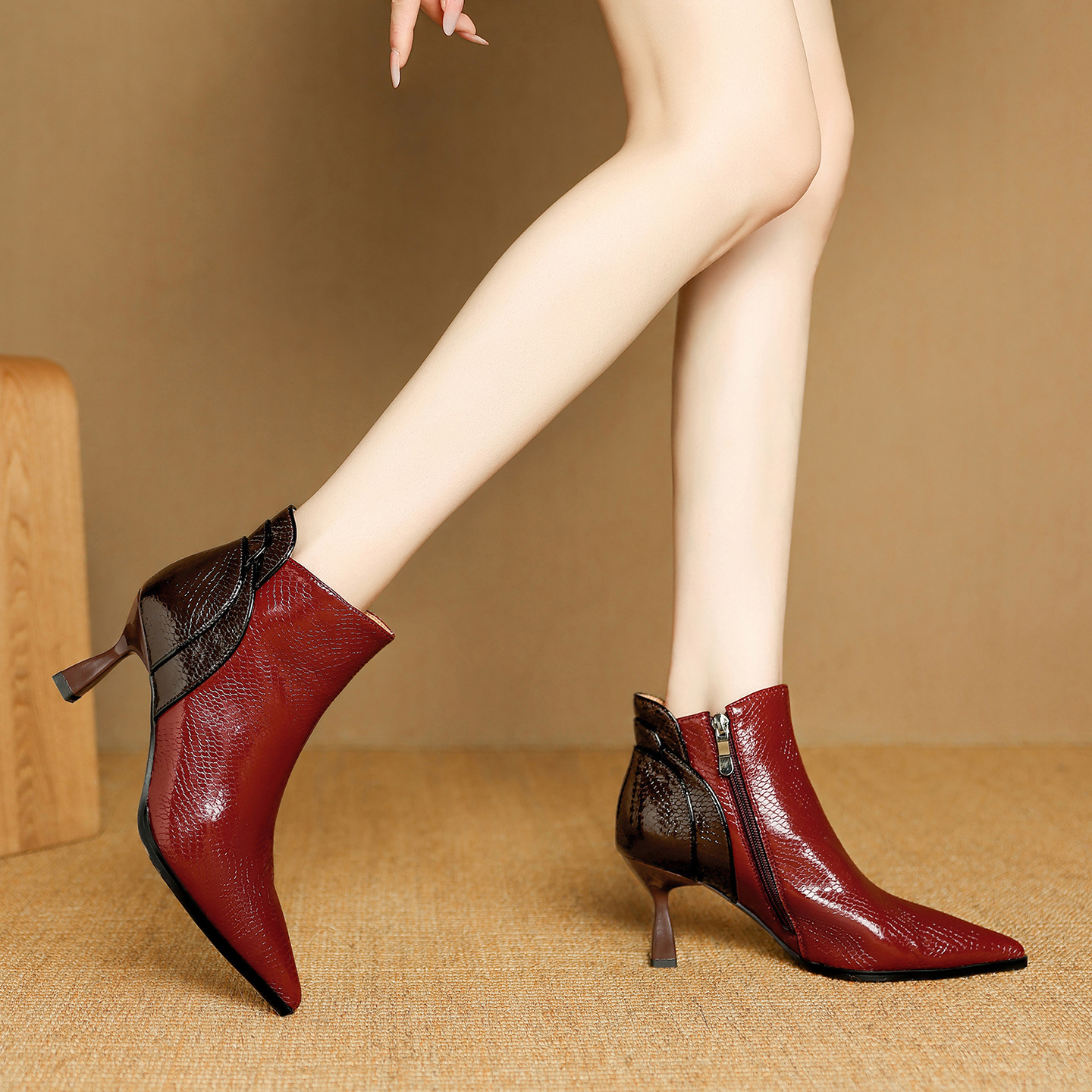 Leather small demi-season low boots pointed-toe stiletto heels