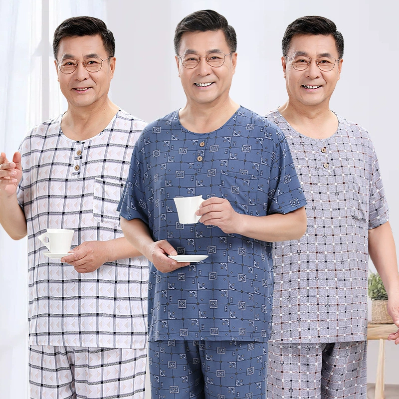Пижамы среднего и пожилого возраста мужские летние хлопковые шелковые наборы с короткими рукавами повседневные свободные два комплекта домашней одежды больших размеров можно носить на улице