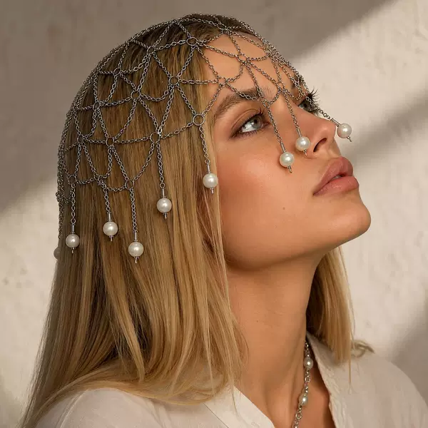 Cross-Border Popular Pearl Tassel Hair Chain European and American High-End Chain Hair Accessory Mesh Hair Ornament for Women Hair Chain