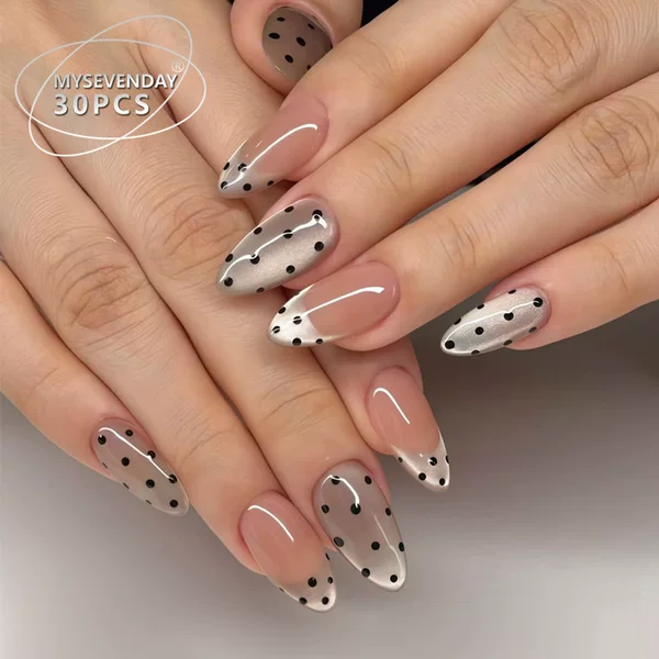 Xiaohongshu's Popular Summer Nail Stickers, French Cat-Eye Polka Dot Sweet Girl Style Nail Tips, 30 Pieces in Stock for Wholesale