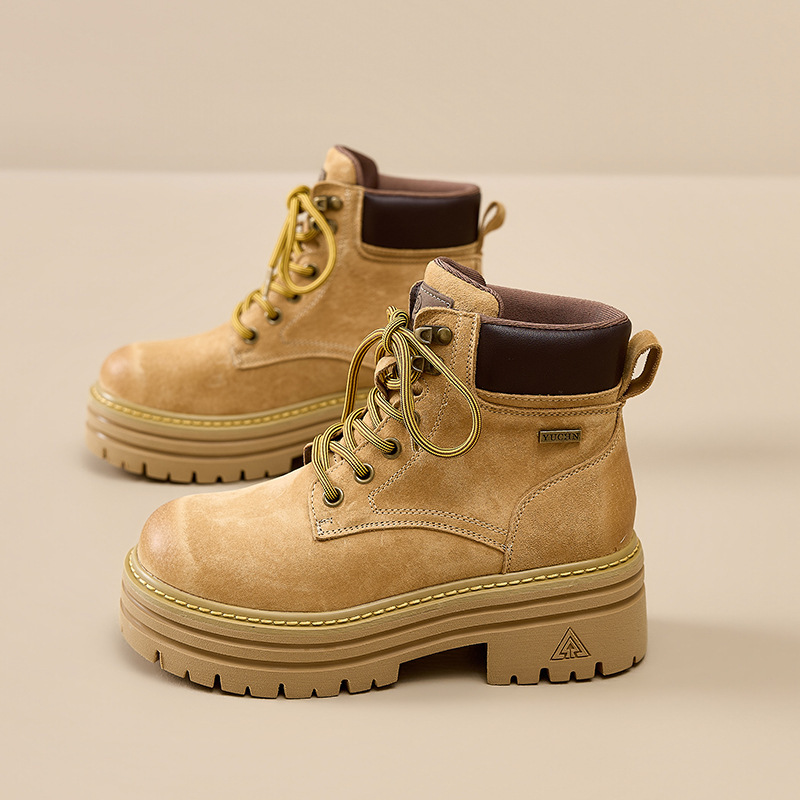 Thick-Soled Martin Boots for Women 2026 Spring New British Style Height-Increasing Retro Short Boots Outdoor Casual Sports Yellow Boots Thick-Soled Martin Boots for Women 2026 Spring New British Style Height-Increasing Retro Short Boots Outdoor Casual Sports Yellow Boots
