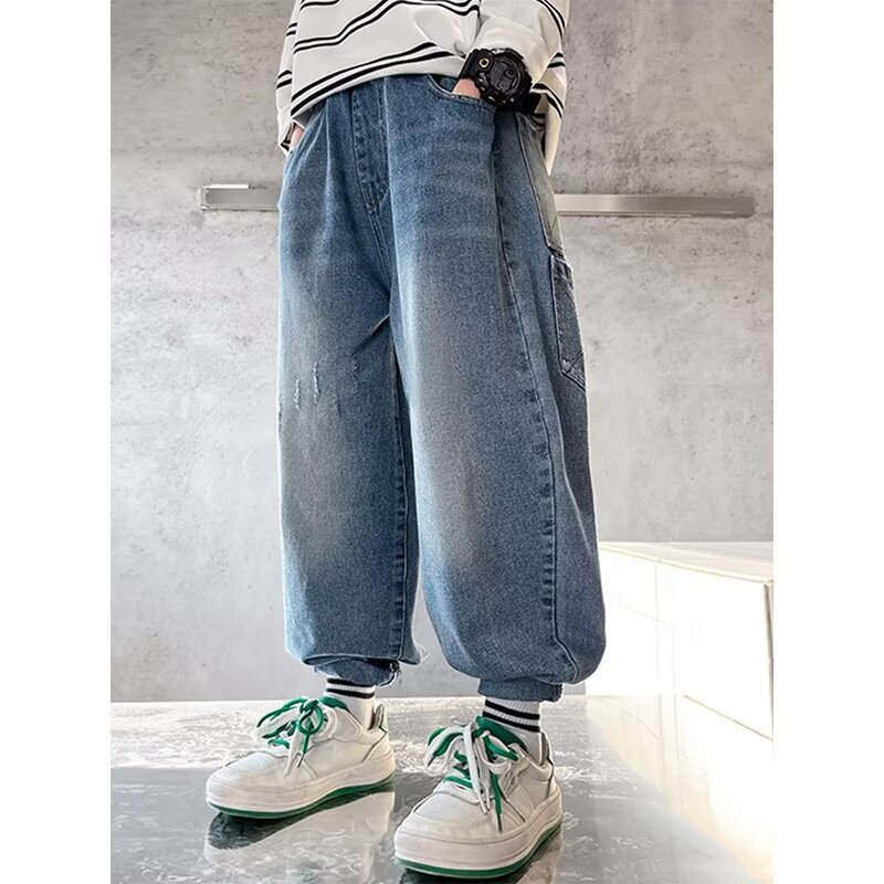 Mother & Kids Boys Pants Children's Jeans And Autumn Boys' Distressed Jeans - Loose Fit Wide Leg Denim Pants For Kids & Teens (Size 120-170, Blue)_viptrois.com