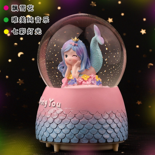 Mermaid Glowing Crystal Ball Music Box Snow Music Box Birthday Gift for Bestie Creative Valentine's Day Gift