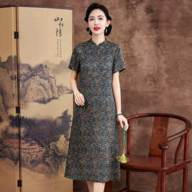 花萝香云纱旗袍连衣裙立领印花婆婆婚宴礼服裙桑蚕丝连衣裙