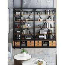 极简美式实木收纳架落地书柜满墙书架复古铁艺置物架