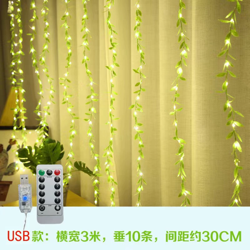 LED vine string lights, copper wire leaf garland, USB + remote, 3×1–3×2 m, 100–200 LEDs