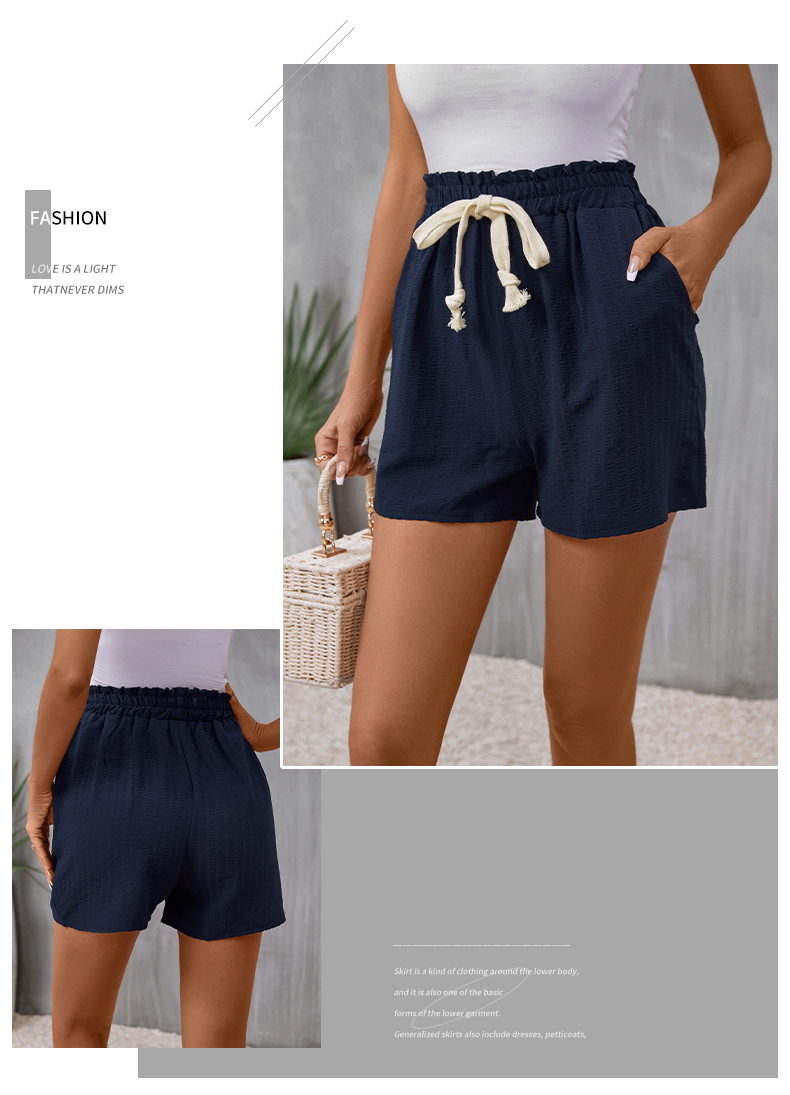 Short décontracté à taille élastique avec attaches de poche de couleur unie_voghion.com