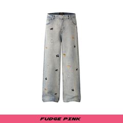 Fudge Pink 2025秋季New甜美少女小狗刺绣宽松牛仔长裤
