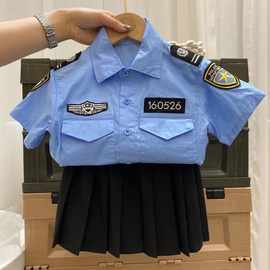 女童制服套装2022夏季童装小女孩蓝色警服衬衫黑色百褶裙两件套潮