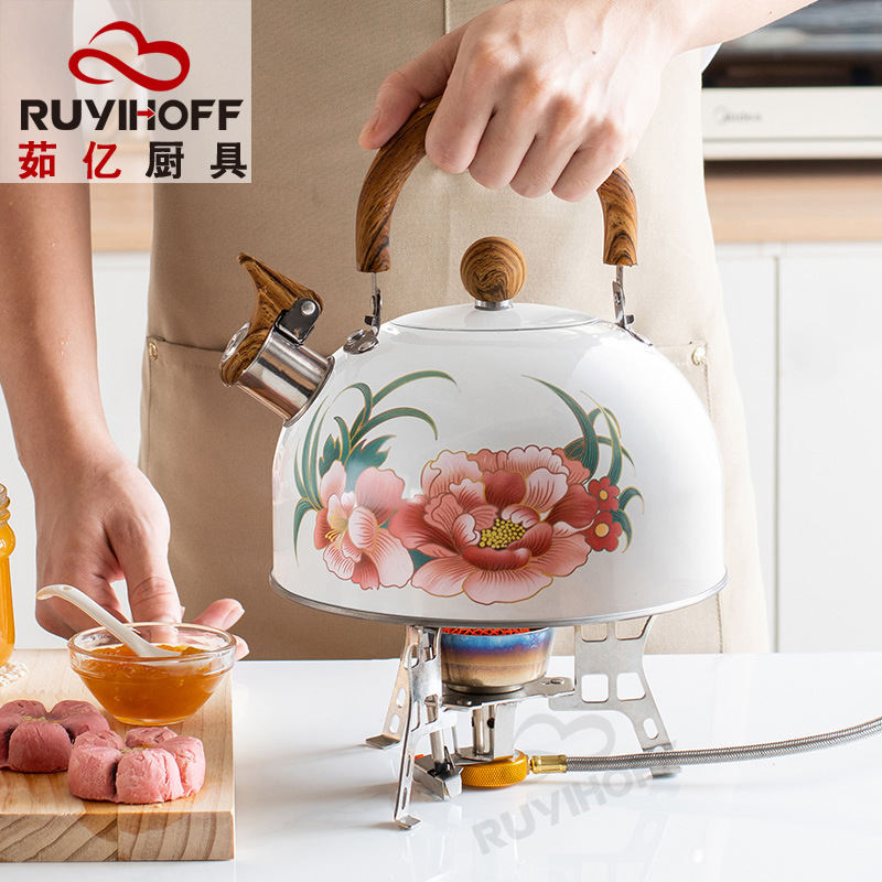 Amazon New Peony Flower Pattern Whistle Kettle Cross-border Kitchen Gadget Creative White Whistling Water Kettle 3L