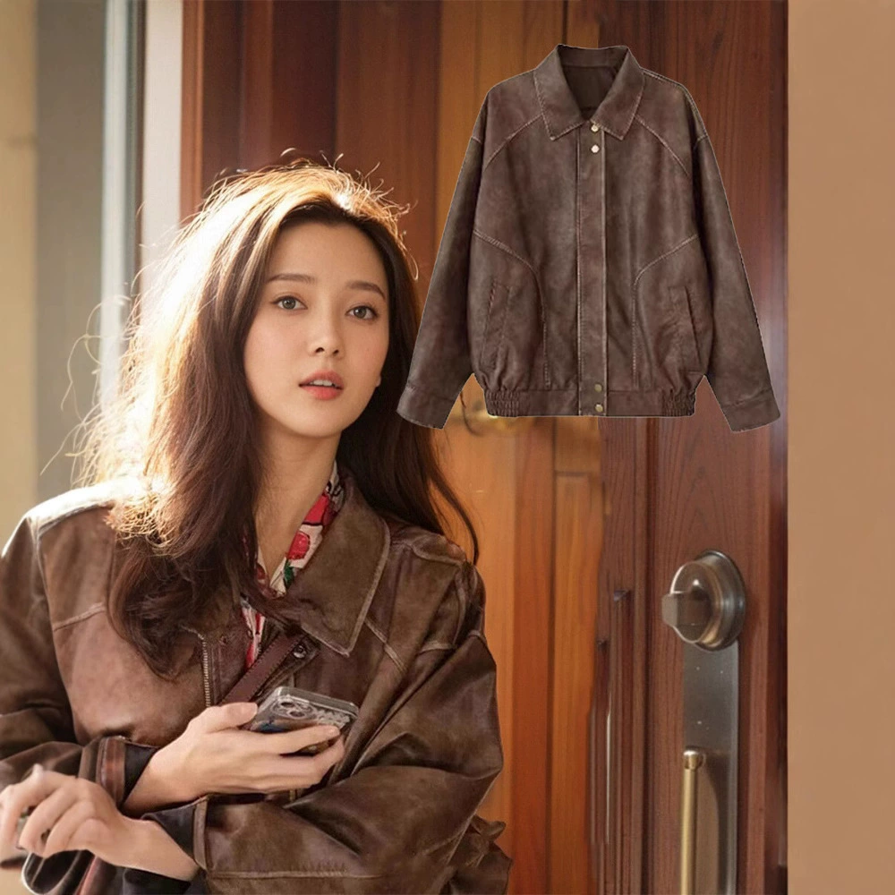 В наличии коричневая кожаная куртка в стиле Zhong Chuxi для трансграничного экспорта для женщин, весенне-осенняя свободная милая крутая байкерская куртка в американском стиле, пальто