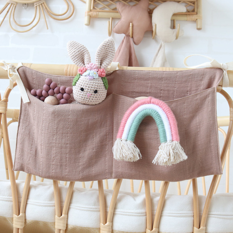 muslin Gauze Hanging Bag Handmade Pure Cotton Baby Bed Cloth Bag Hanging Pocket Bedside Baby Toy Diaper Storage Bag