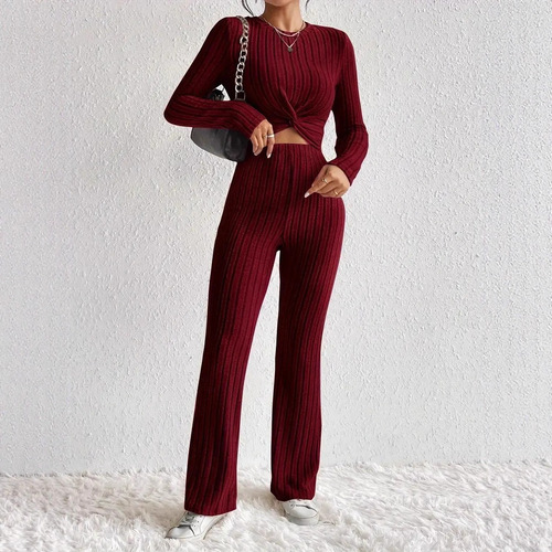 Popular European and American models casual solid color two-piece set with front knotted long-sleeved short top and slim pants set