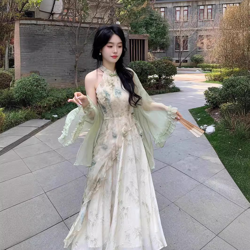 Large Size Skirt Children's Summer High-end Sense New Chinese Style National Style Improved Cheongsam Neck Hanging Elegant dress Two-piece Suit Large Size Skirt Children's Summer High-end Sense New Chinese Style National Style Improved Cheongsam Neck Hanging Elegant dress Two-piece Suit