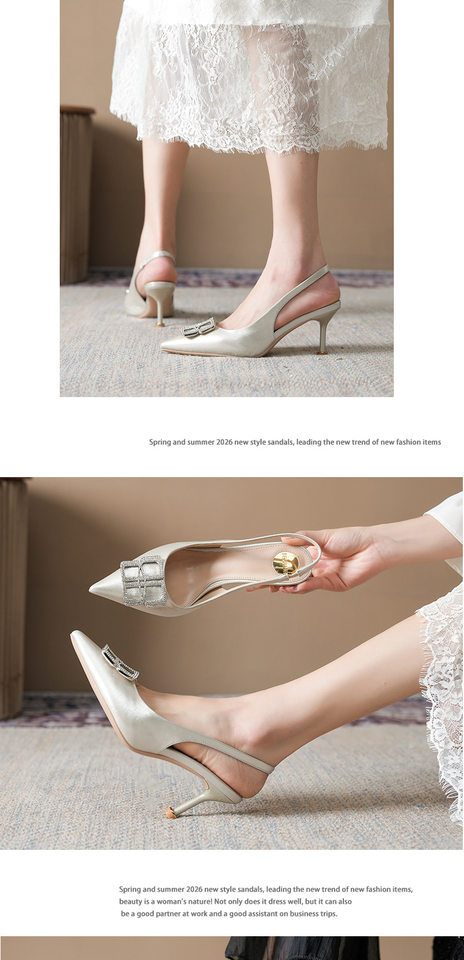 Sandal nữ cao gót mũi nhọn bít mũi đính đá chữ cái quai ngang thanh lịch, gót 6–8 cm — Vàng nhạt, màu đen chi tiết 8