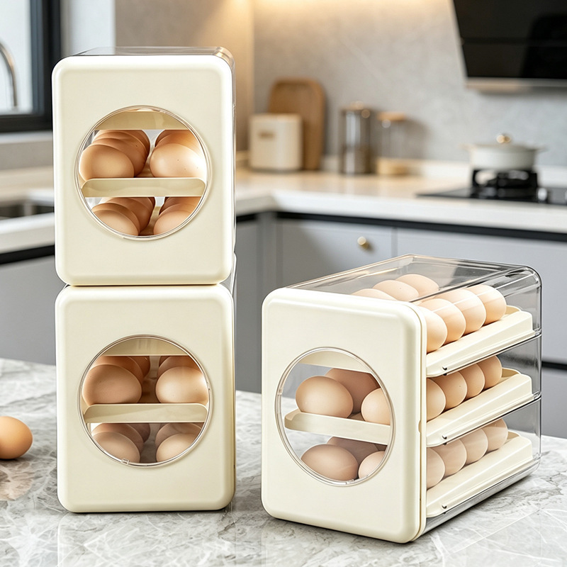 New cross-border refrigerator egg storage box, kitchen organization tool, fresh-keeping box, rolling egg tray, drawer-style egg box