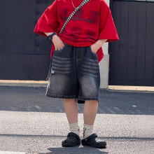 25夏新款韩国童装中小童男童复古做旧黑色磨白破洞牛仔裤短裤