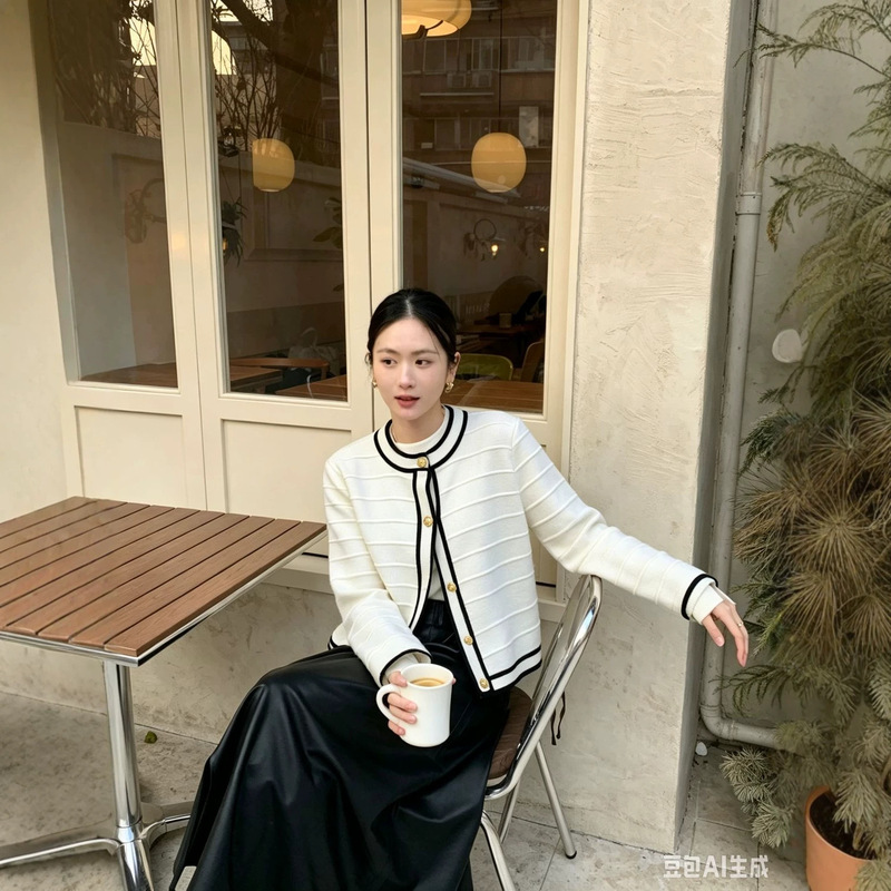 2026 Autumn New Women's Round Neck Long Sleeve Cream-Colored Chanel-Inspired Slim-Fit Short Cardigan 2026 Autumn New Women's Round Neck Long Sleeve Cream-Colored Chanel-Inspired Slim-Fit Short Cardigan