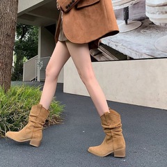 羊皮版~尖头短靴女瘦瘦靴子堆堆靴新款粗跟时尚美拉德中筒西部靴