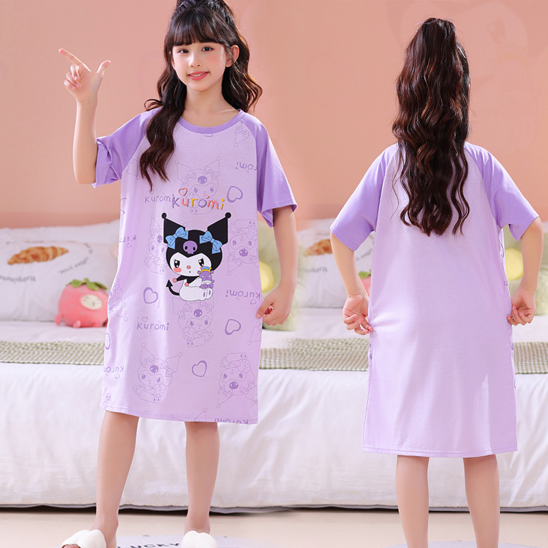 Summer Children's Sleep Dress for Girls, Cotton Short Sleeve Sweet Cartoon Loose Children's Pajamas for Toddlers and Kids, INS Homecoming Clothes