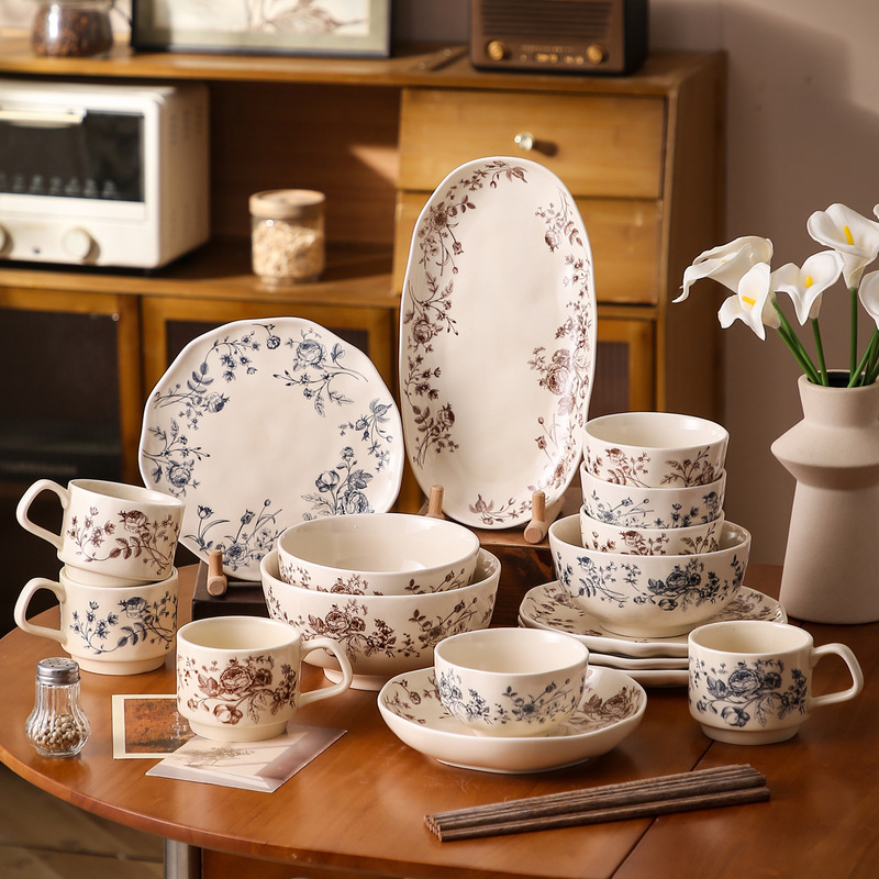 Rose Garden Hand-Painted Ceramic Bowl Household Tableware Set Soup Noodle Bowl Dish Plate Bowl and Plate Coffee Cup
