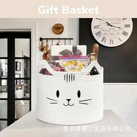 棉绳编织收纳筐猫咪卡通把手收纳篮创意编织脏衣篮可爱宠物房装饰