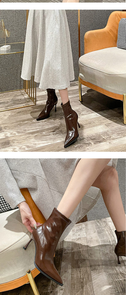 Bốt ngắn nữ mũi nhọn gót cao 6–8 cm chất liệu co giãn ôm chân, khóa kéo bên — Màu nâu, Màu nâu lót nhung, Màu trắng be, Màu đen chi tiết 6